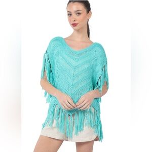 NWT Turquoise Fringe Crochet Pull over Summer Knit Top